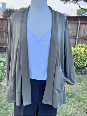 💖 W5 Olive Open-Front Draped Cardigan with Pockets, Sz  L